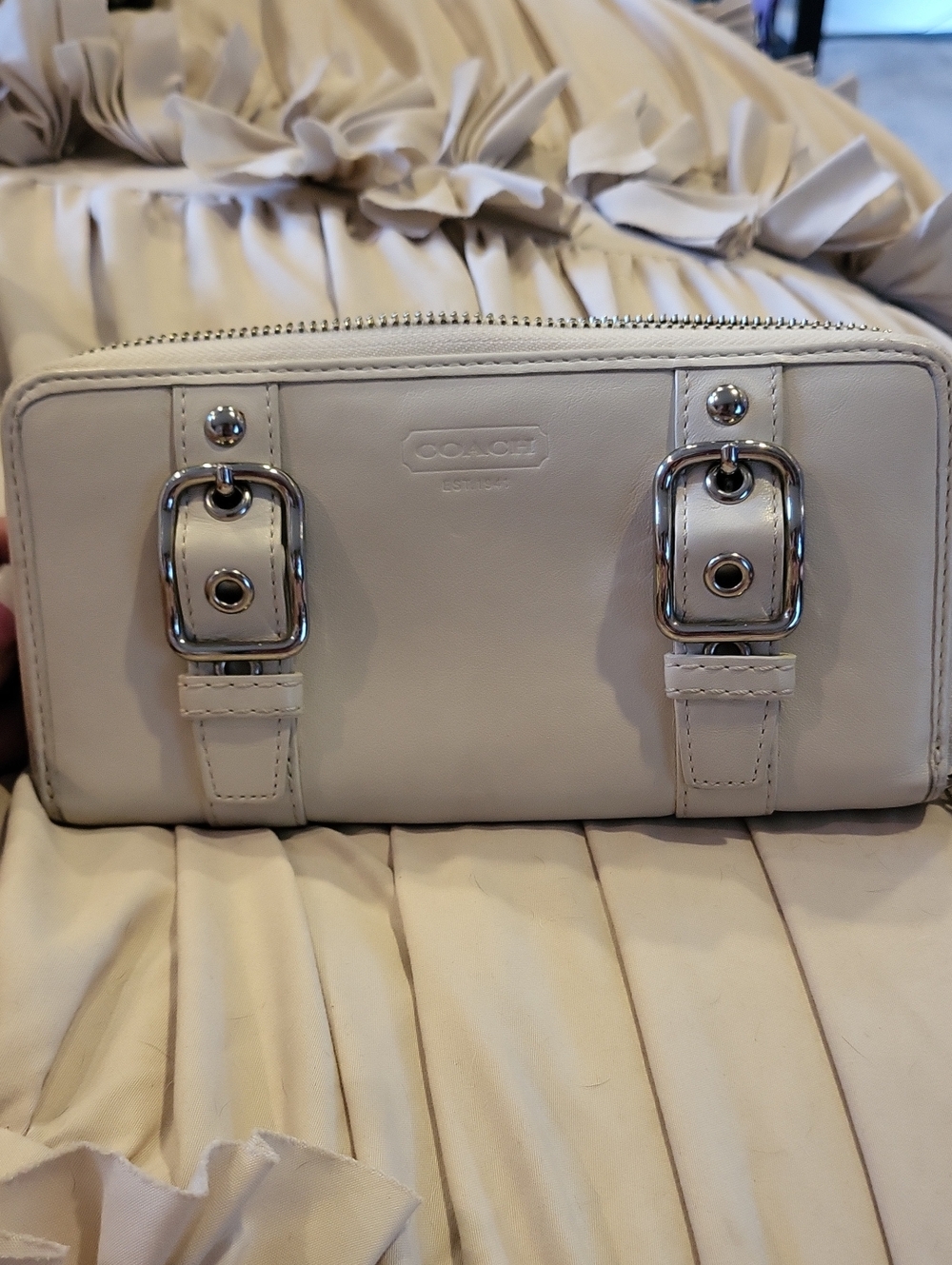 COACH Cream Leather Zip Wallet with Silver Buckle Accents